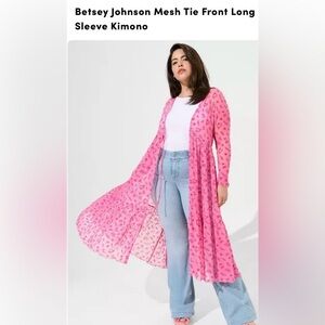 Betsy Jonson Torrid Collab Pink Mesh Long Sleeve Tie Front Print Kimono Size 2